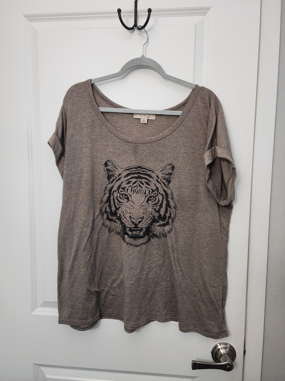 5/$30 Misia Taupe Short-Sleeve Tee with Black Tiger Graphic